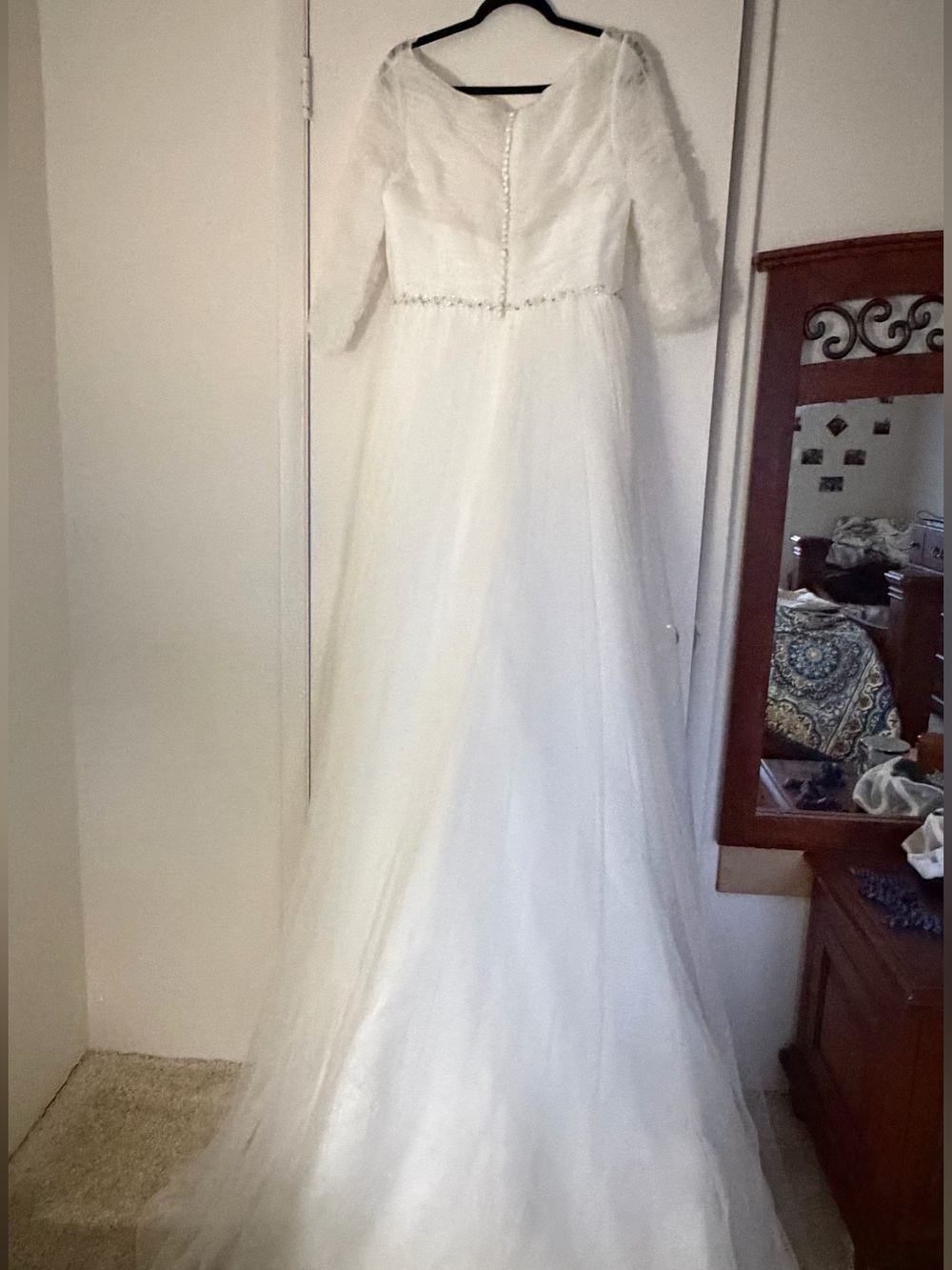 White 3/4 Sleeve Bridal A-Line Tulle Gown - Picture 6 of 6